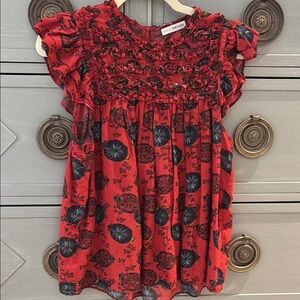 Ulla Johnson Red and Black Floral Blouse with Ruffled Sleeves
